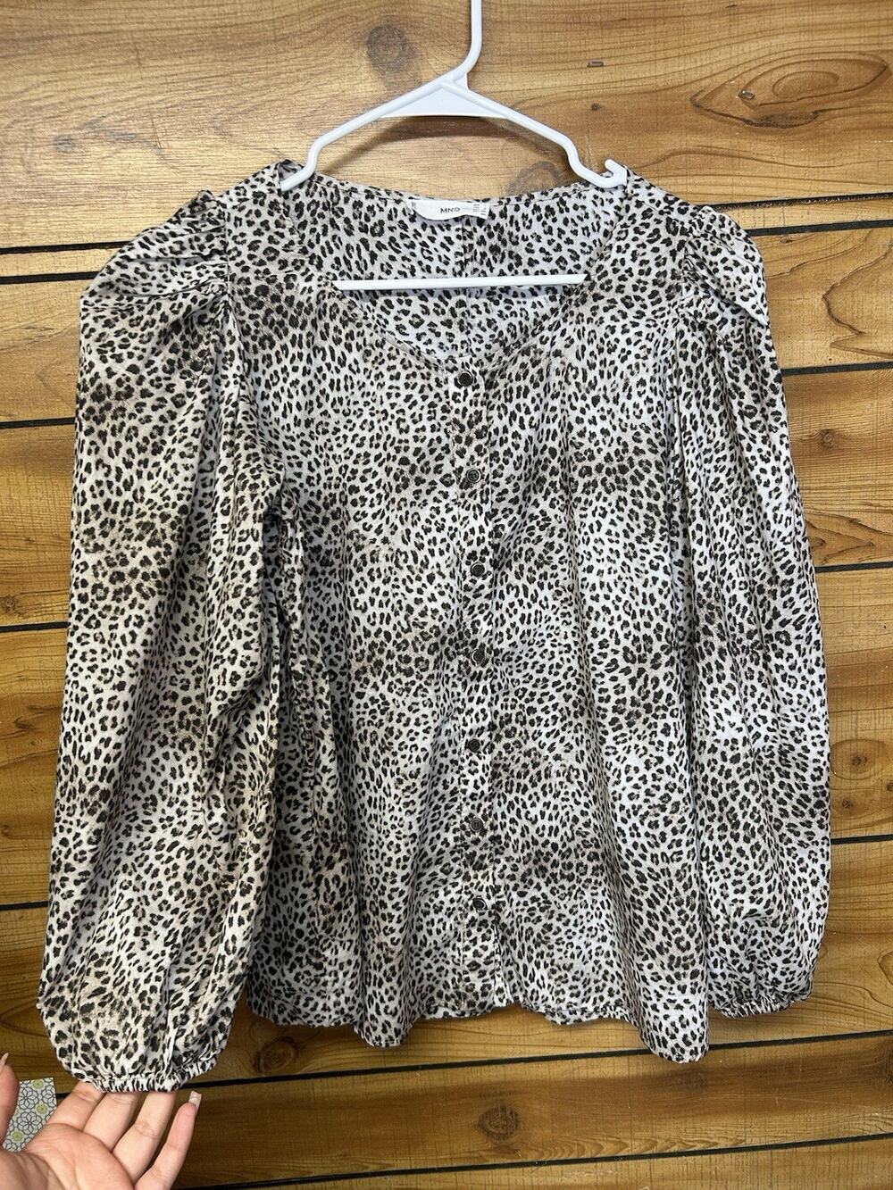 Mango Leopard Print Blouse with Puff Sleeves 100% Cotton Size Medium